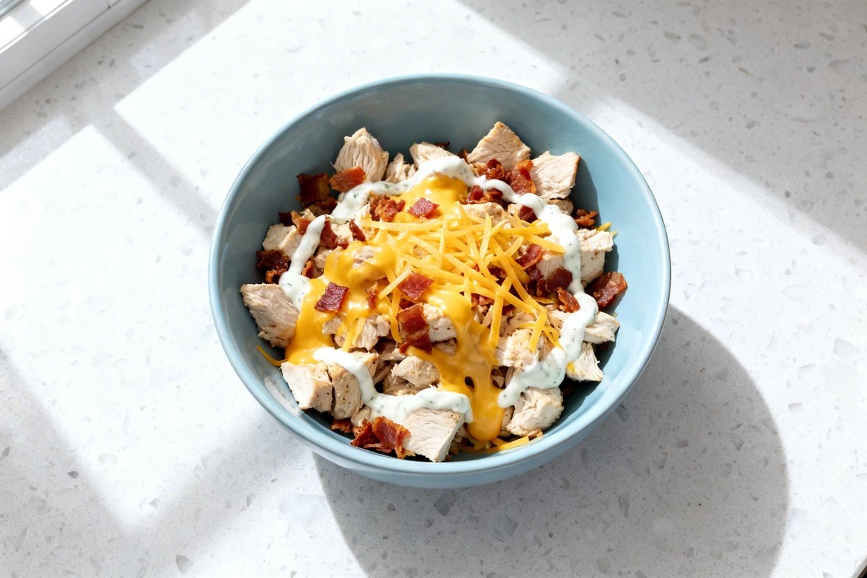 top-down food photo of a Keto Chicken Bacon Ranch Go Bowl: a single serving in a light blue ceramic