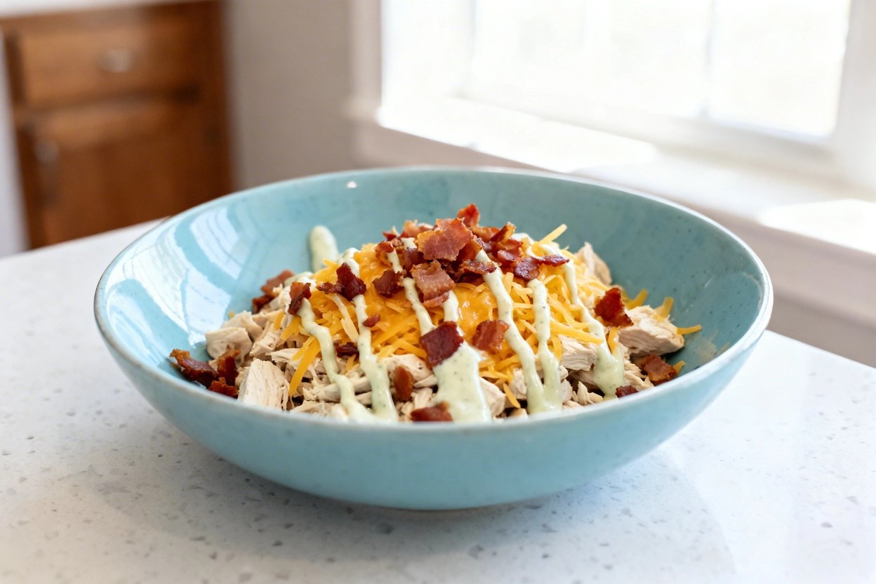 bout 35 degrees) realistic food photo of the exact same Keto Chicken Bacon Ranch Go Bowl, same porti