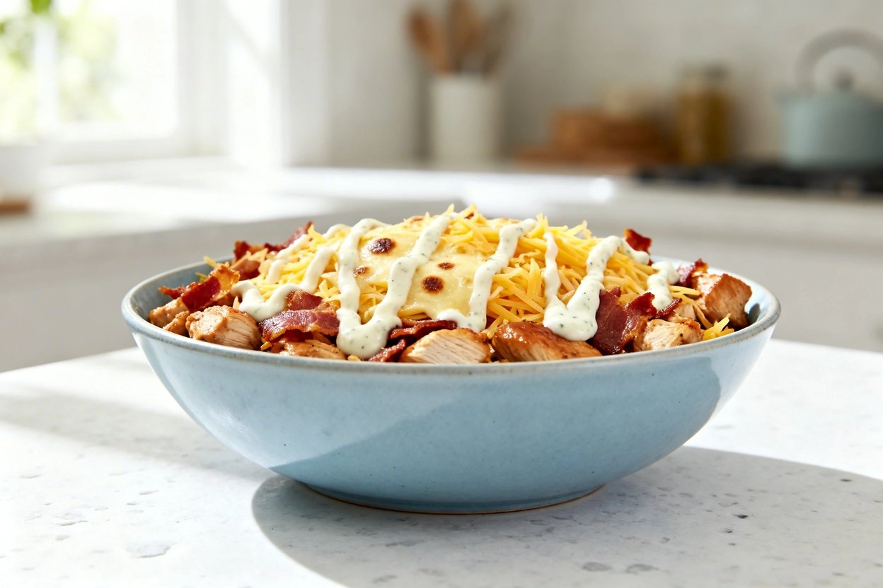 shot (about 40–45 degrees) of the same finished Keto Chicken Bacon Ranch Go Bowl in the same light