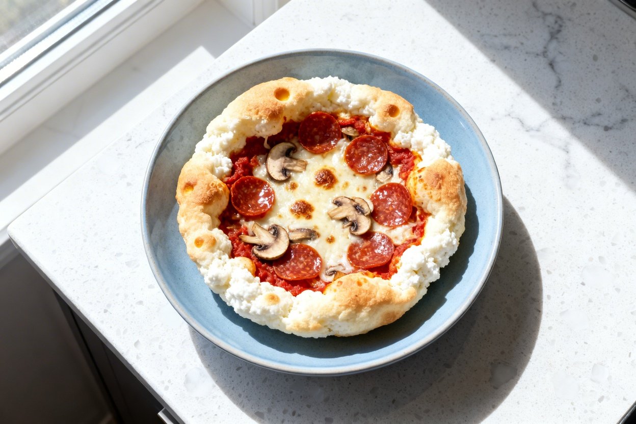 top-down food photo of a single serving Cottage Cheese Cloud Bread Pizza Bowl: a light, airy, tender