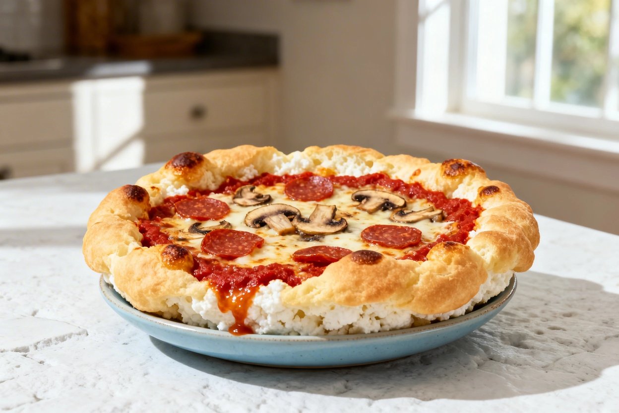0–40 degree) photo of the exact same finished Cottage Cheese Cloud Bread Pizza Bowl from the same co