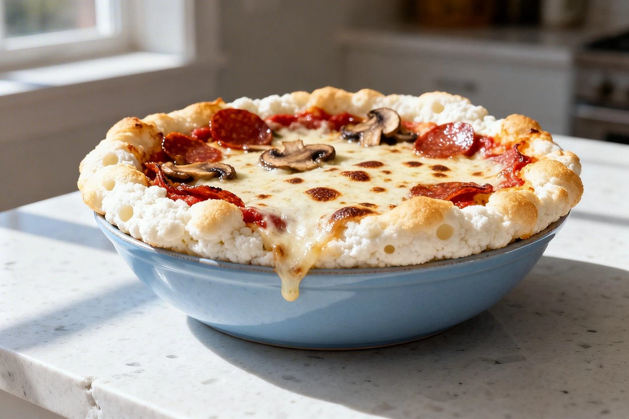  shot (30–45 degree) of the same Cottage Cheese Cloud Bread Pizza Bowl plated on the same light blue