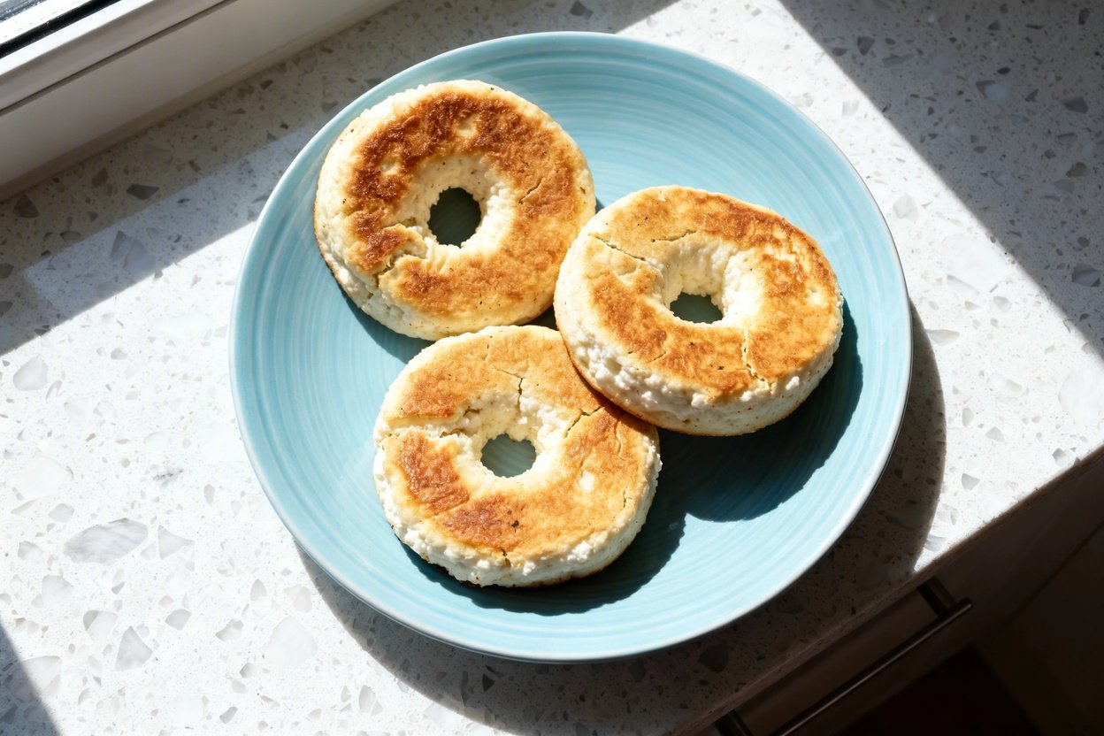 top-down food photo of keto cottage cheese flagels (low-carb bagel flats): three identical round, fl