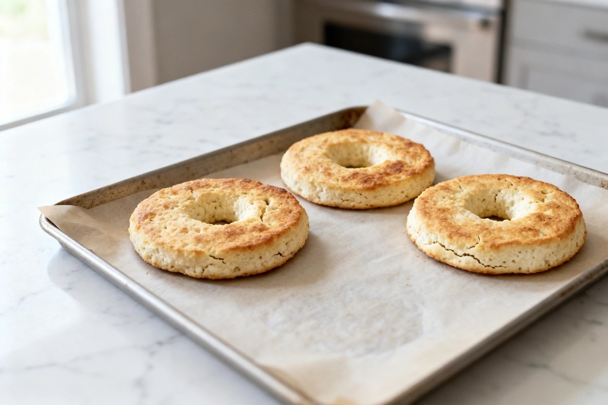 –40 degree view of the same finished keto cottage cheese flagels: the same three round, flattened ba