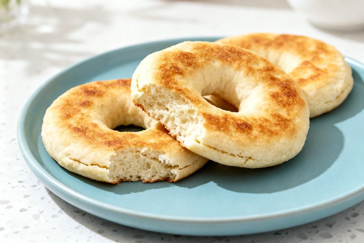  shot at 30–45 degrees of the same plated keto cottage cheese flagels on the same style light blue c