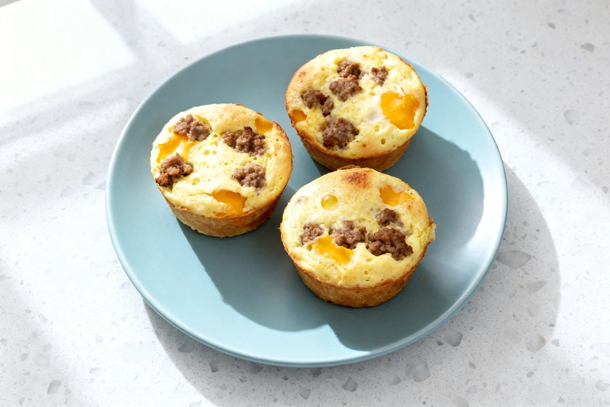top-down food photo of a single serving of keto egg and sausage muffins: three baked egg muffins (s