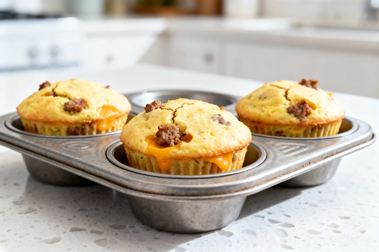 bout 30–40 degrees) realistic kitchen photo of the same finished keto egg and sausage muffins from t