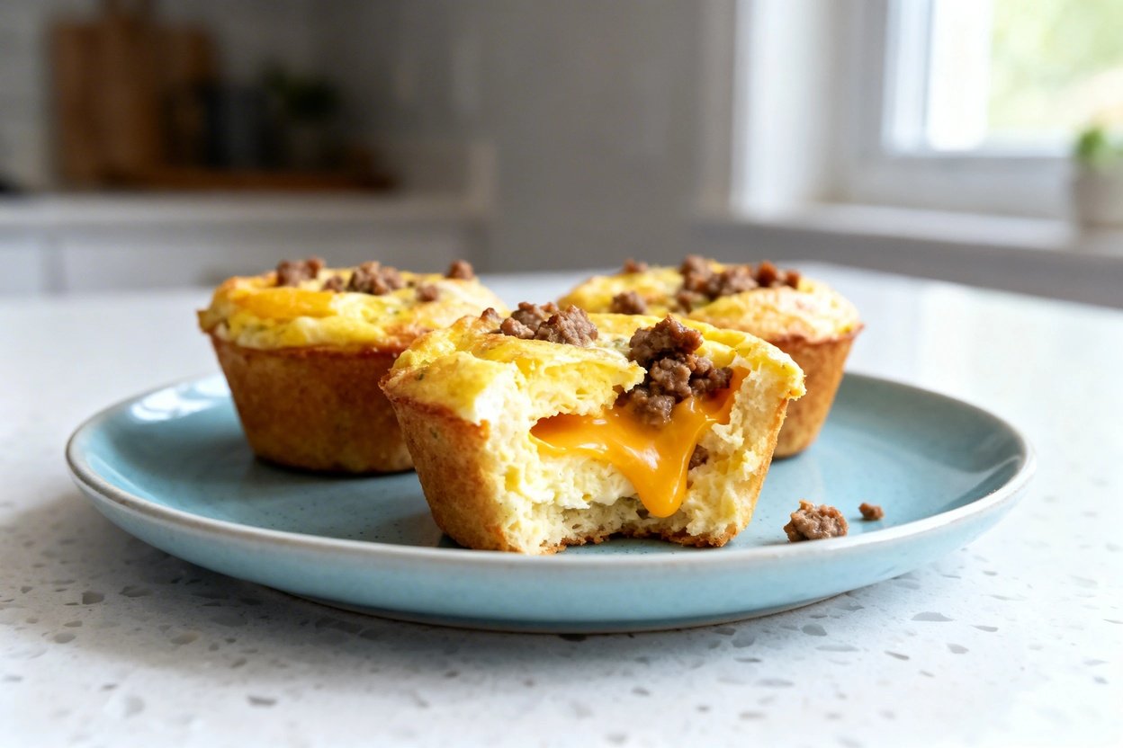 shot (about 30–45 degrees) of the same plated serving of keto egg and sausage muffins: three muffin