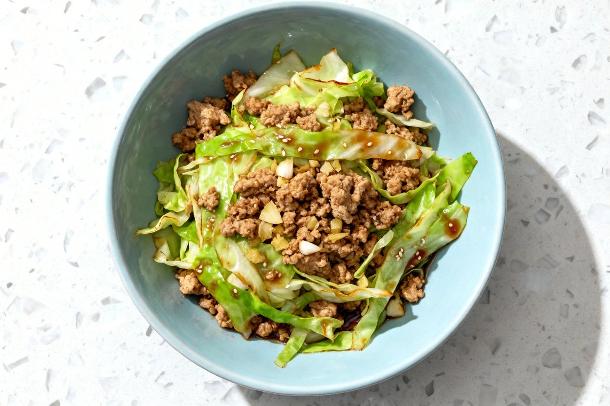 top-down food photo of a single serving of keto “Eggroll in a Bowl” centered on an identical light b
