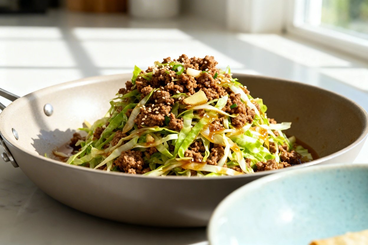 bout 35 degrees) contextual food photo of the exact same finished keto Eggroll in a Bowl mixture (br