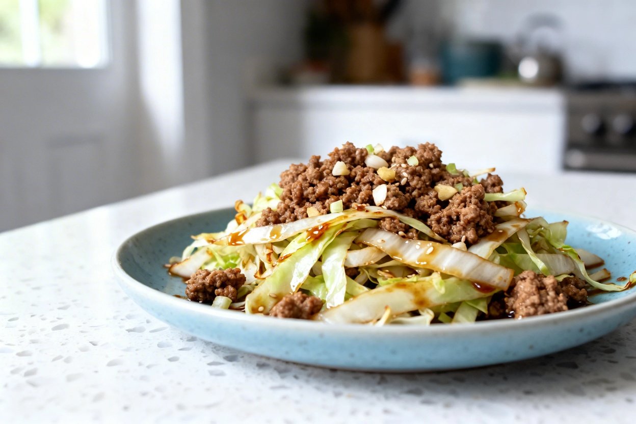  shot (about 40–45 degrees) of the same plated single serving of keto Eggroll in a Bowl on the ident