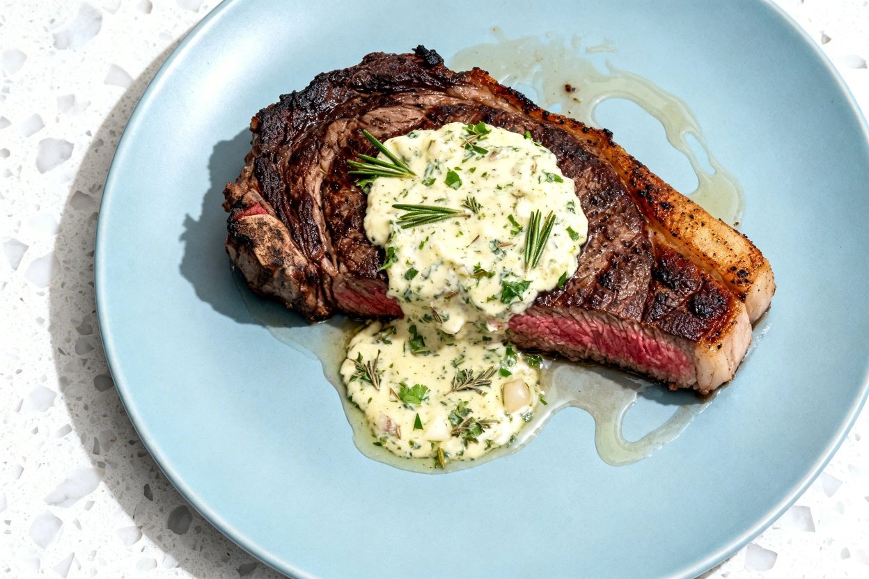 top-down food photograph of a single serving of keto garlic herb butter steak: one well-marbled ribe