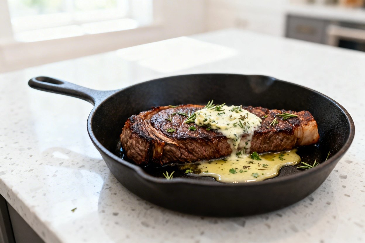 bout 30–40 degrees) realistic food photo of the exact same finished keto garlic herb butter steak: t