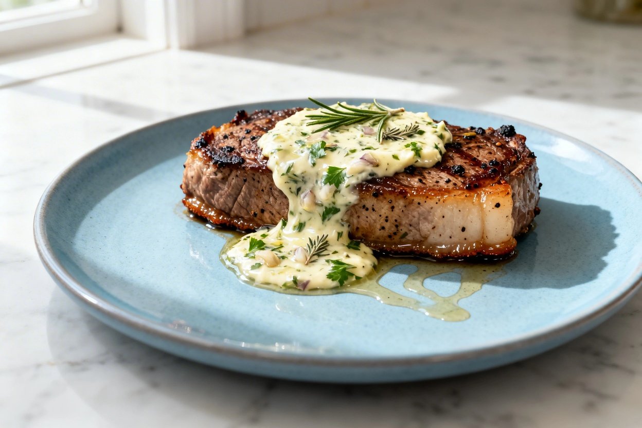  shot (about 30–45 degrees) of the same plated keto garlic herb butter steak on the same light blue 