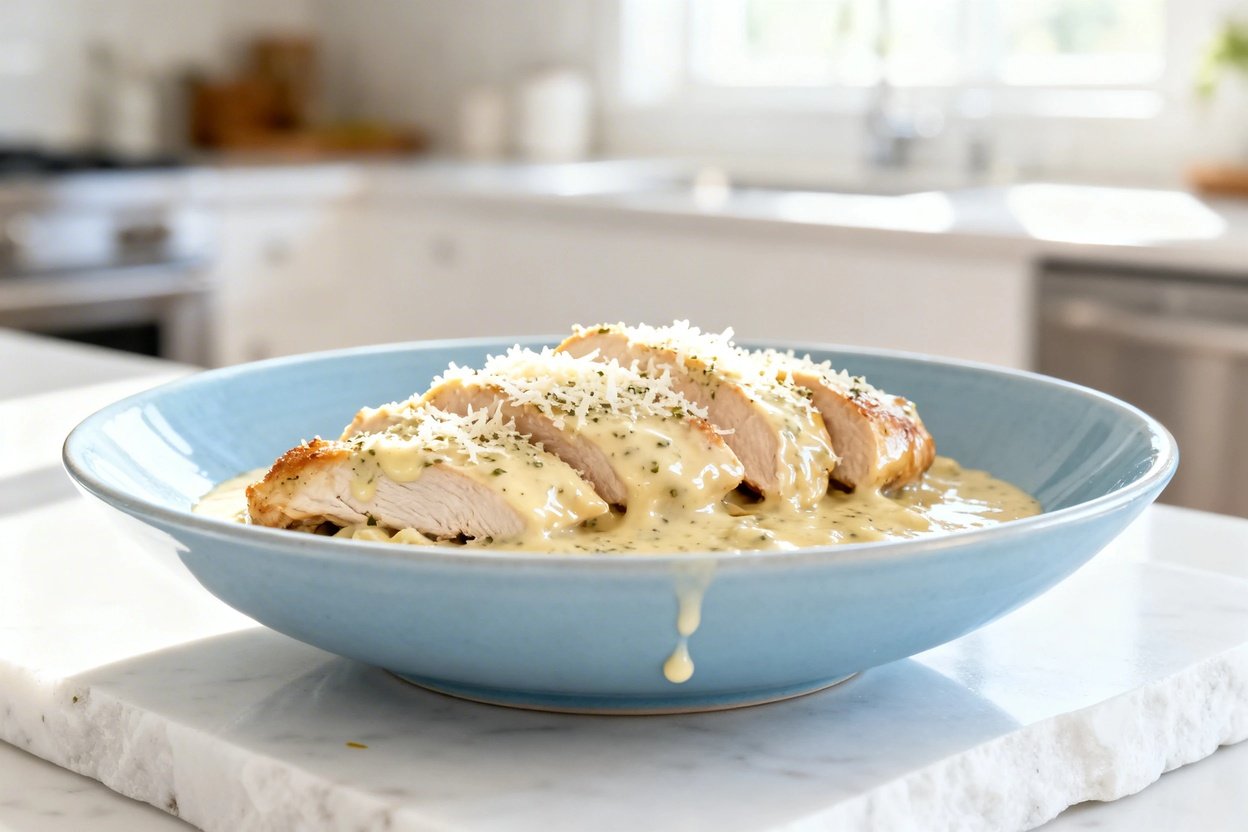 close-up hero shot of the same finished keto garlic parmesan chicken breast bowl plated on the same