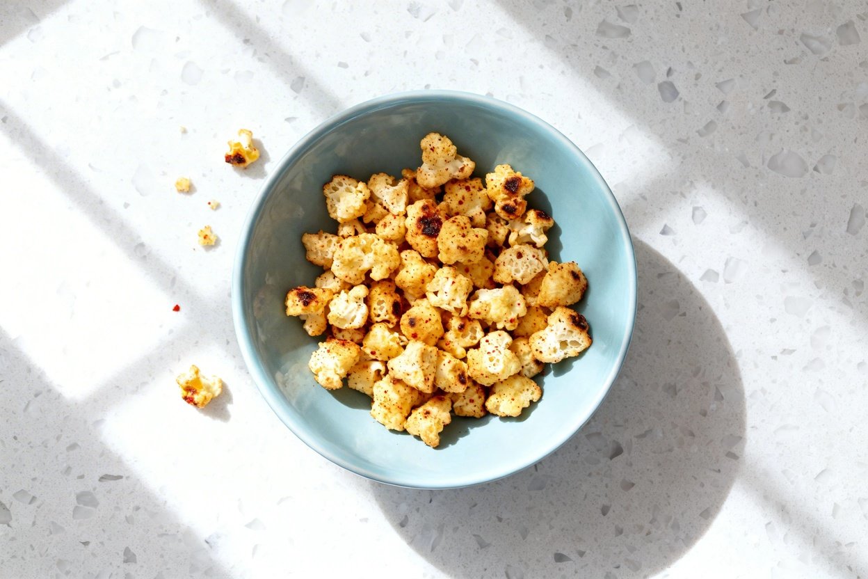 top-down food photo of a single serving of keto popcorn cheese puffs: small, irregular, bite-size b