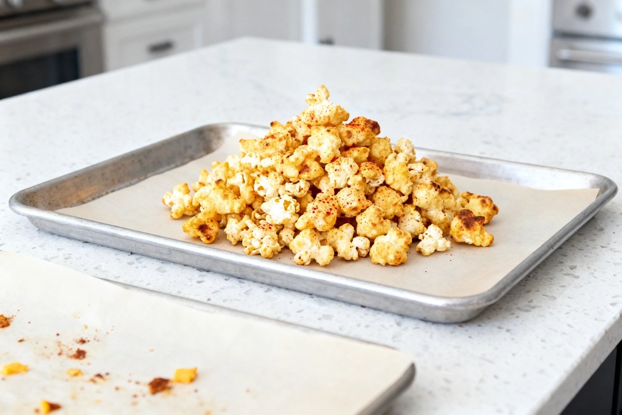 bout 30–40 degrees) realistic food photo of the same finished keto popcorn cheese puffs (same size,