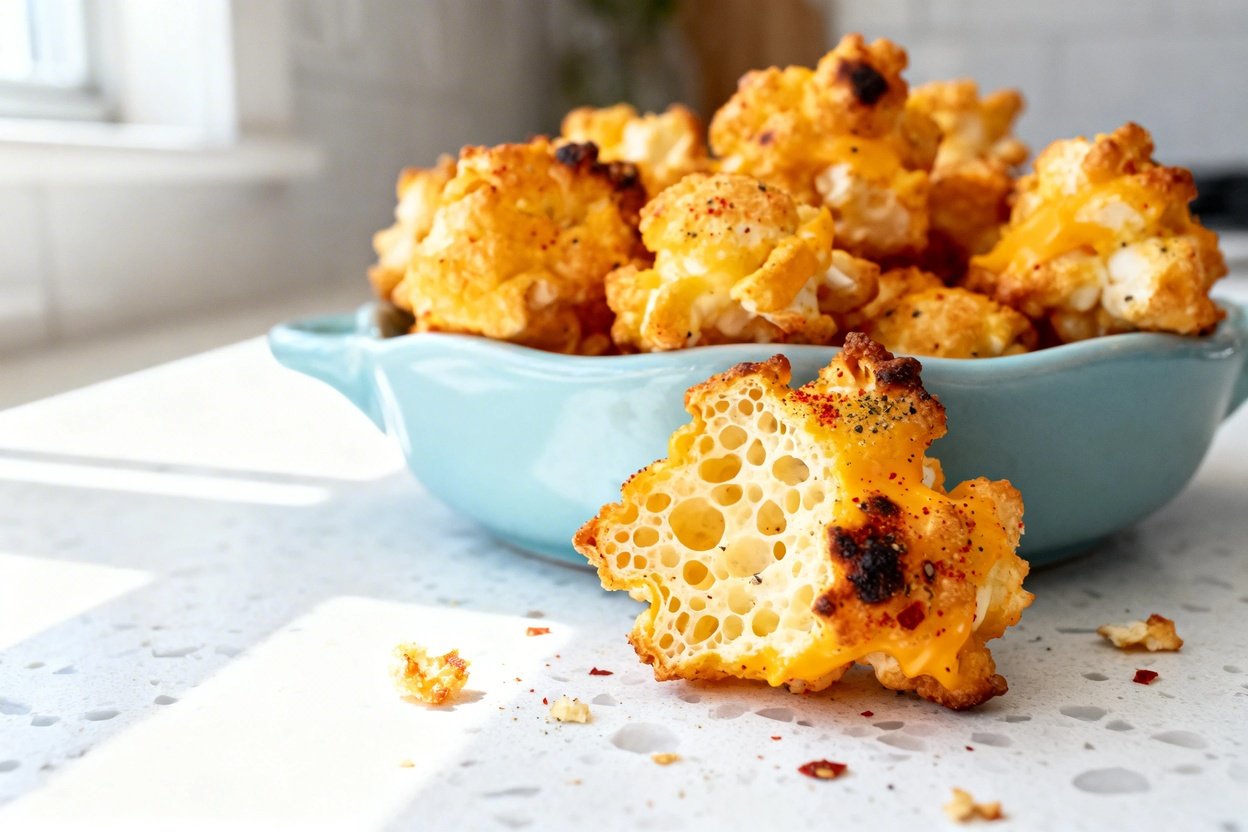 shot (about 30–45 degrees) of the same keto popcorn cheese puffs plated on the same style light blu