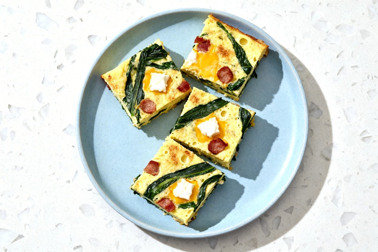 top-down food photo of a single serving of keto sheet pan spinach omelet cut into neat squares (meal