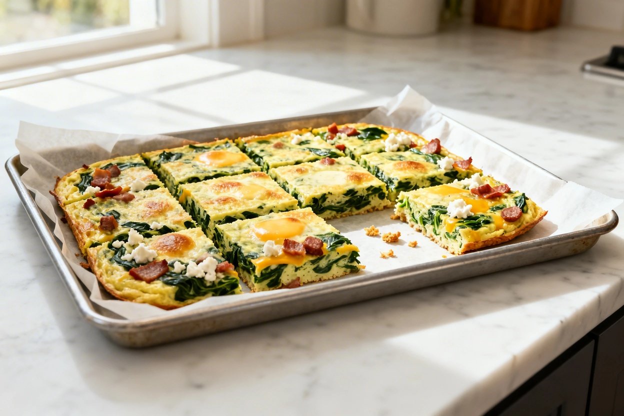 –40 degree view of the same finished keto sheet pan spinach omelet, baked and cut into identical squ