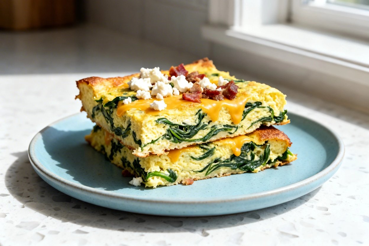  shot at ~30–45 degrees of the same keto sheet pan spinach omelet squares plated on the same style l