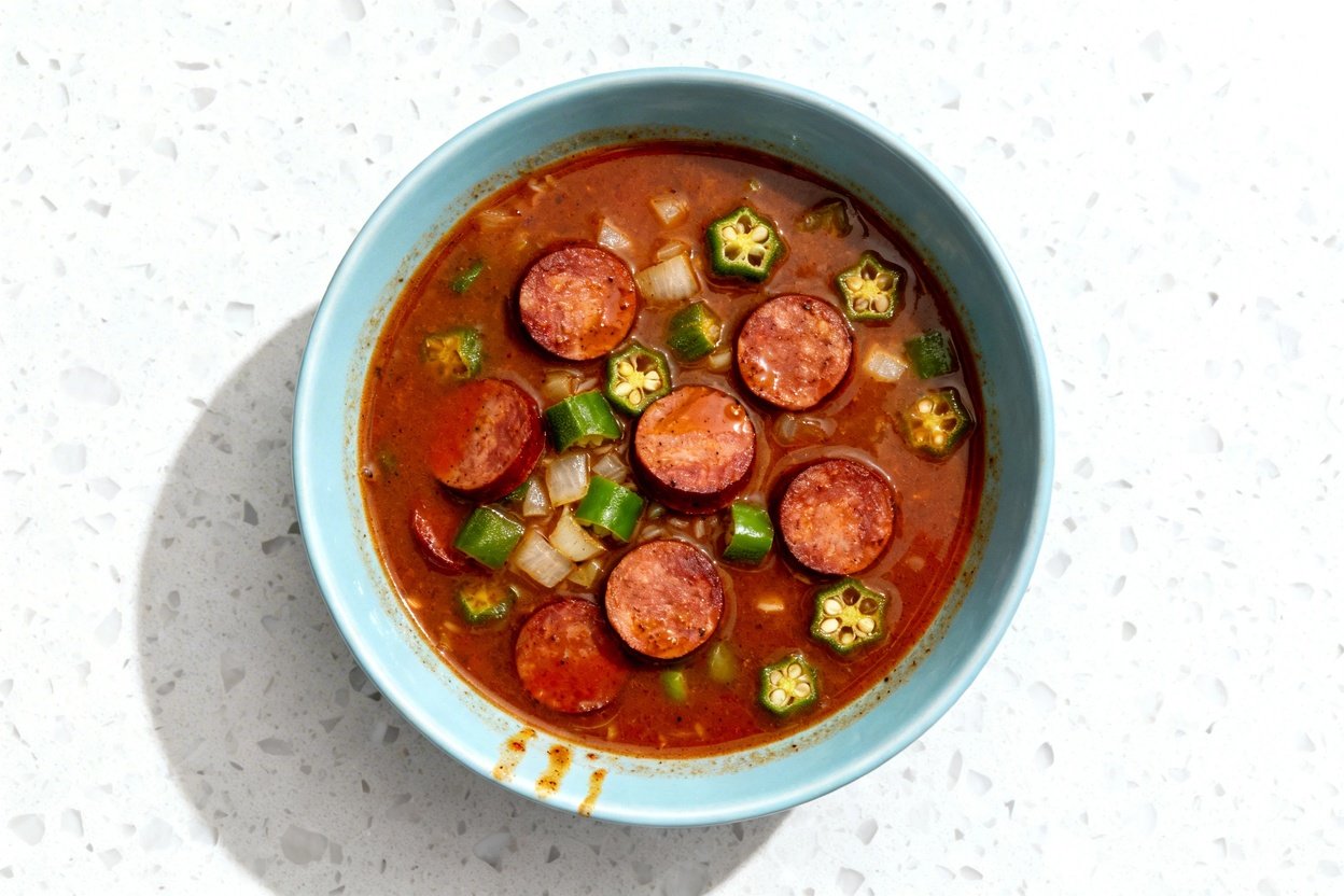 top-down food photo of a single serving of keto spicy sausage gumbo, centered on a light blue cerami