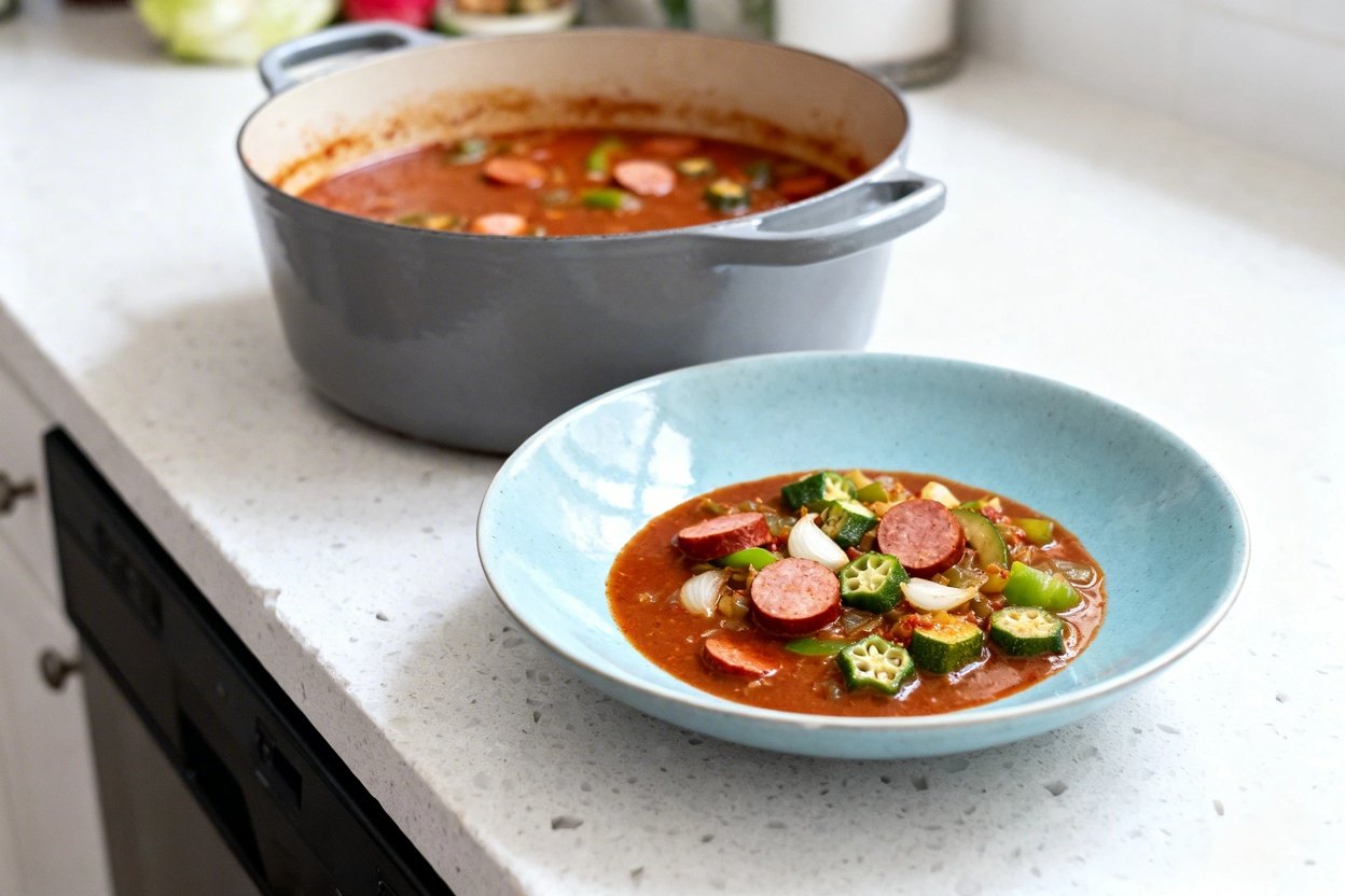 bout 30–40 degrees) realistic food photograph of the exact same finished keto spicy sausage gumbo fr