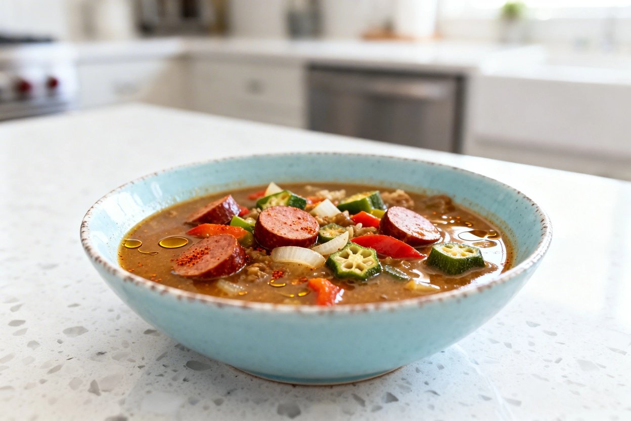  shot (about 30–45 degrees) of the same single serving of keto spicy sausage gumbo plated on the sam