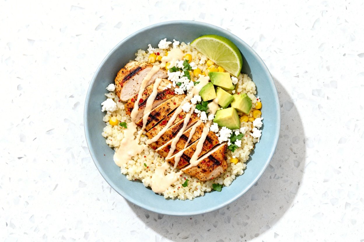 top-down food photo of a keto street corn chicken and cauliflower rice bowl: a single serving on a l
