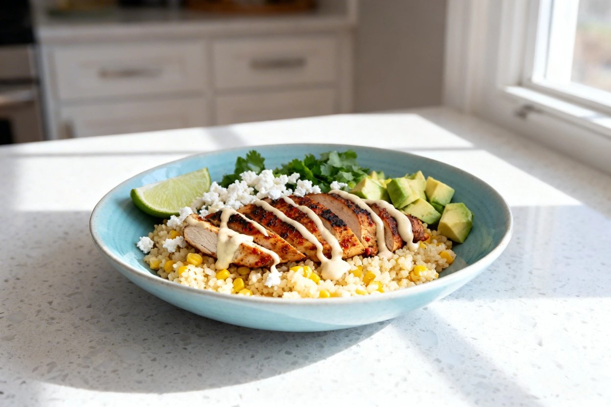bout 30–40 degree) realistic home kitchen photo of the exact same finished street corn chicken and c