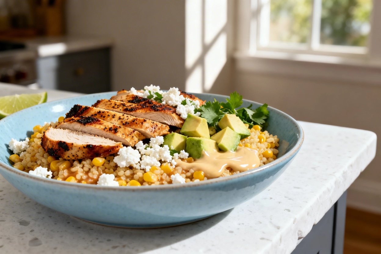  shot (about 30–45 degree) of the same plated keto street corn chicken and cauliflower rice bowl on 