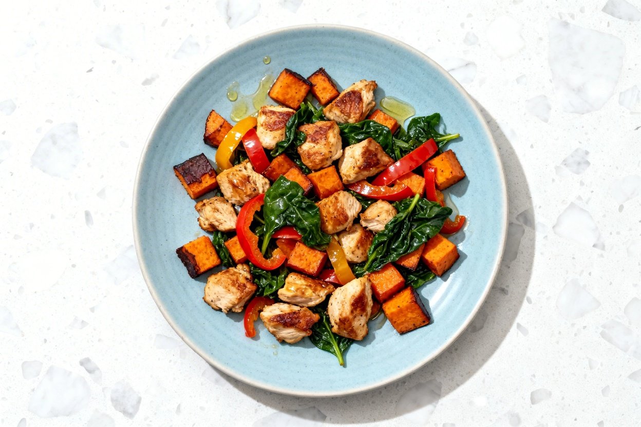 top-down food photo of a single serving of keto sweet potato and chicken skillet: browned, bite-size