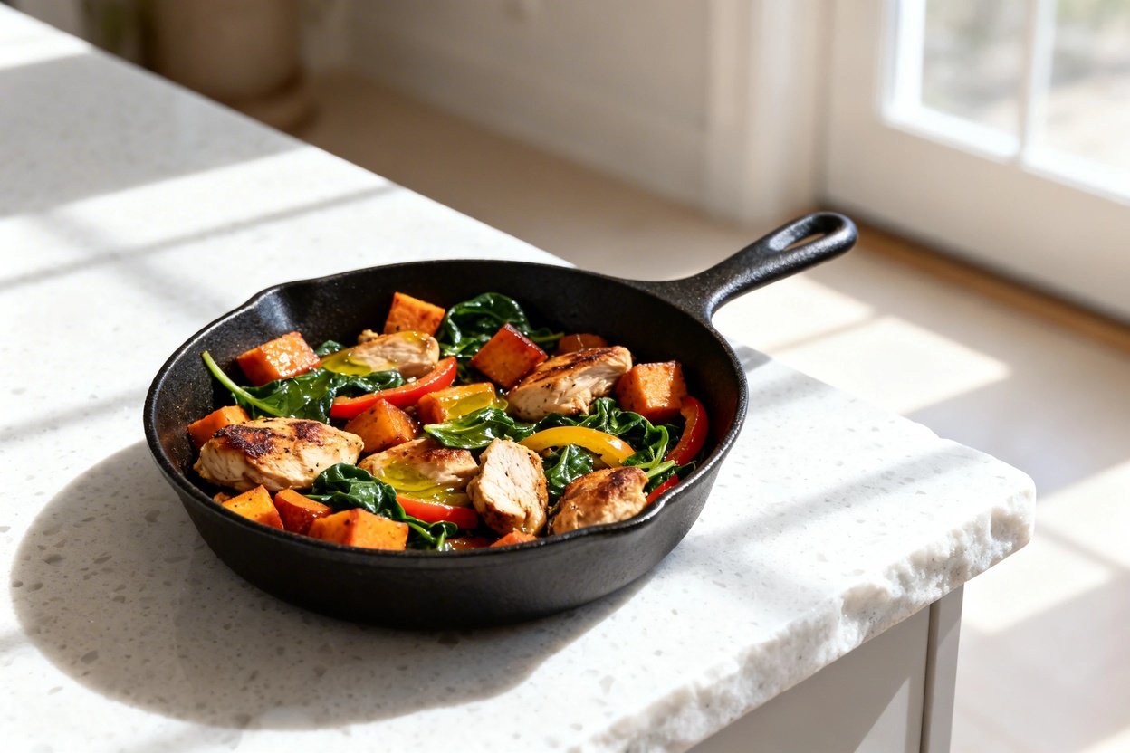 –40° perspective of the same finished keto sweet potato and chicken skillet dish, same portion size