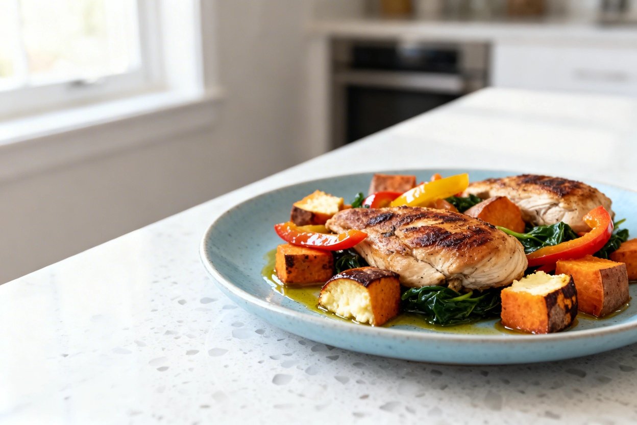  shot at ~35–45° of the same finished dish plated on the identical light blue ceramic plate: browned