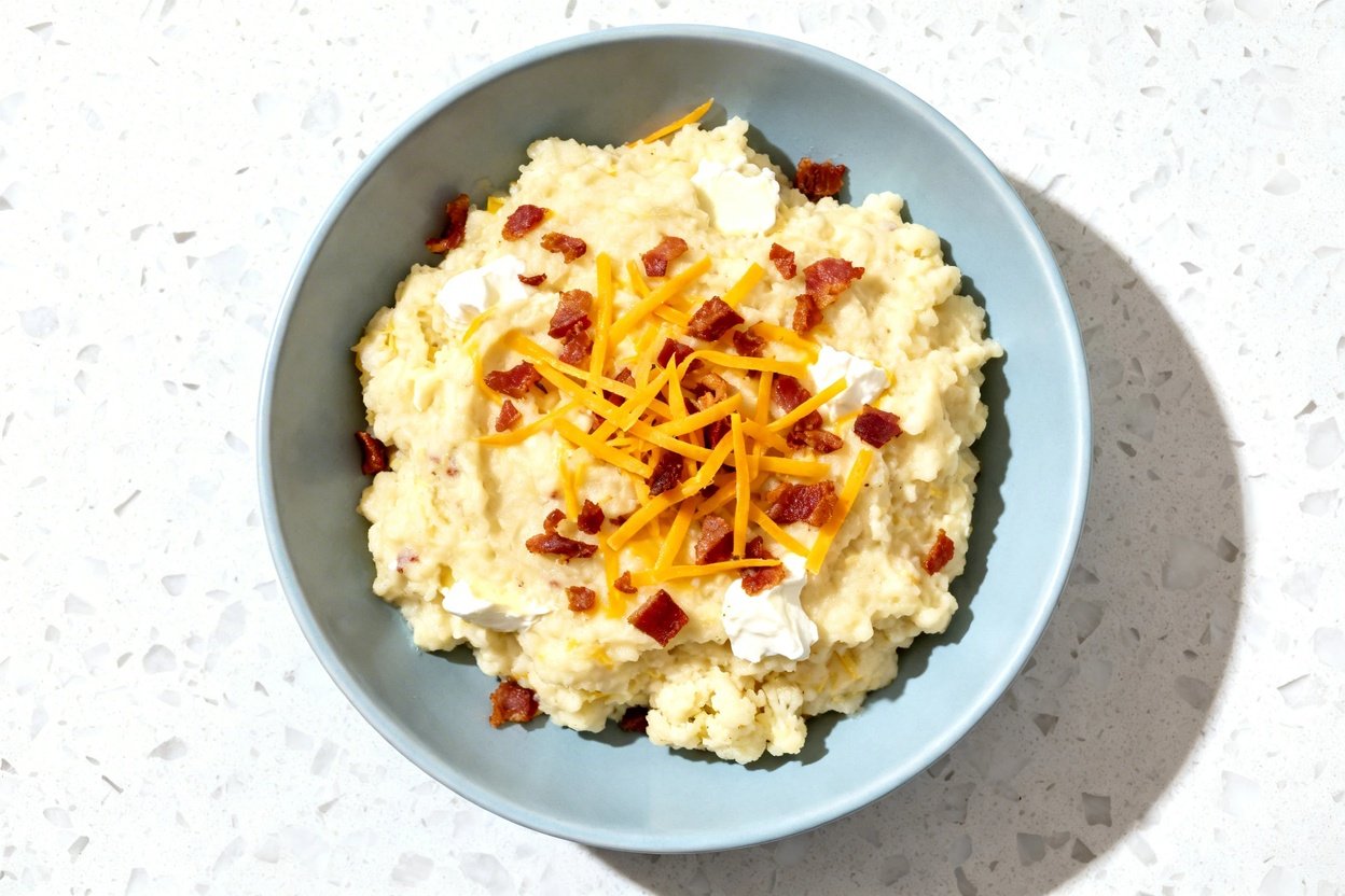 top-down food photo of a single serving of Low Carb Loaded Cauliflower Mash: a creamy, fluffy mound
