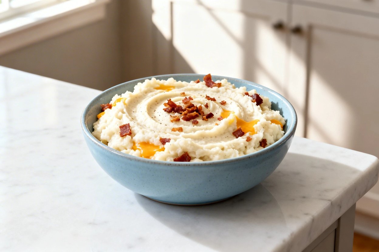 bout 35 degrees) realistic food photograph of the exact same finished Low Carb Loaded Cauliflower Ma