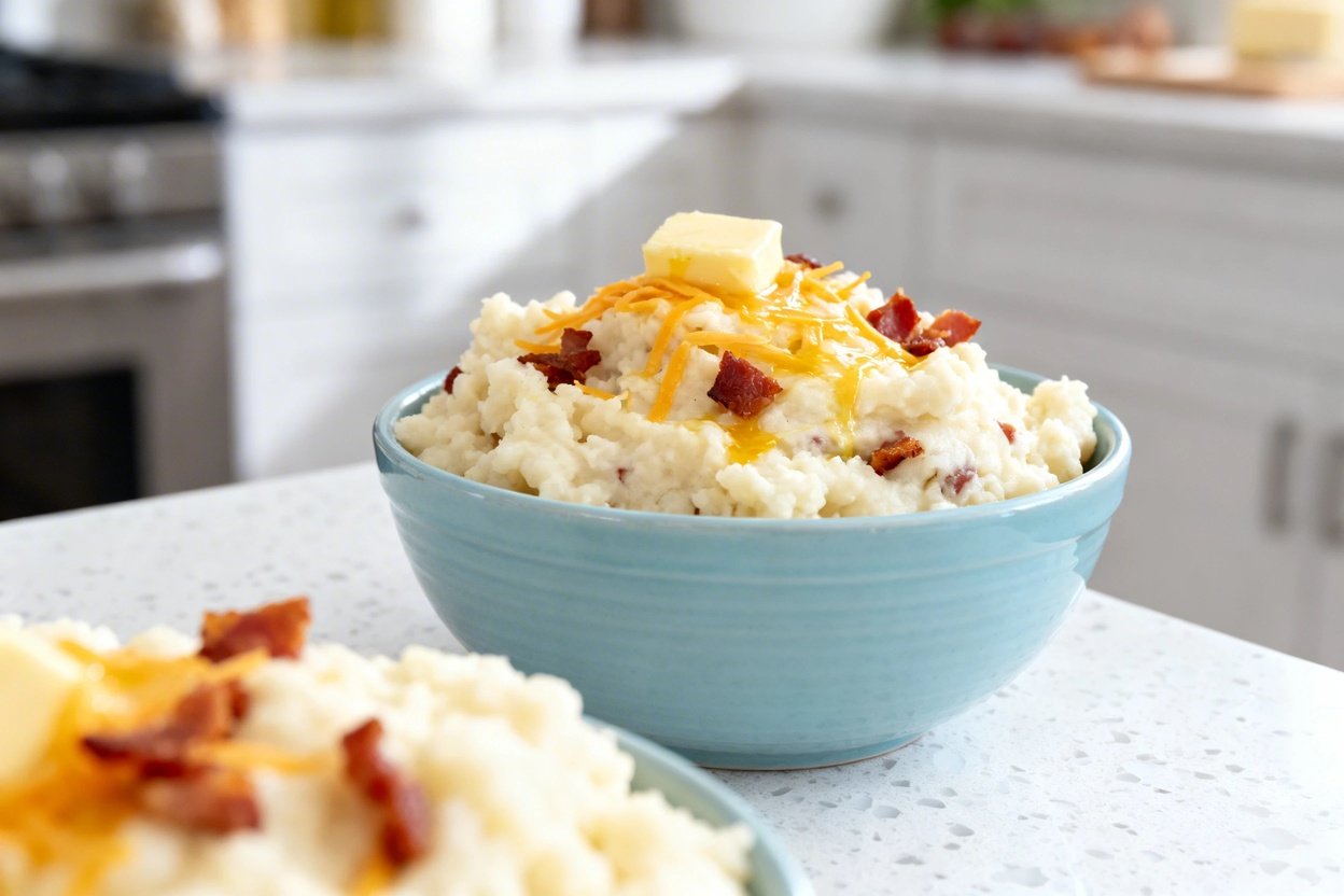  shot (about 40–45 degrees) of the identical finished Low Carb Loaded Cauliflower Mash on the same l