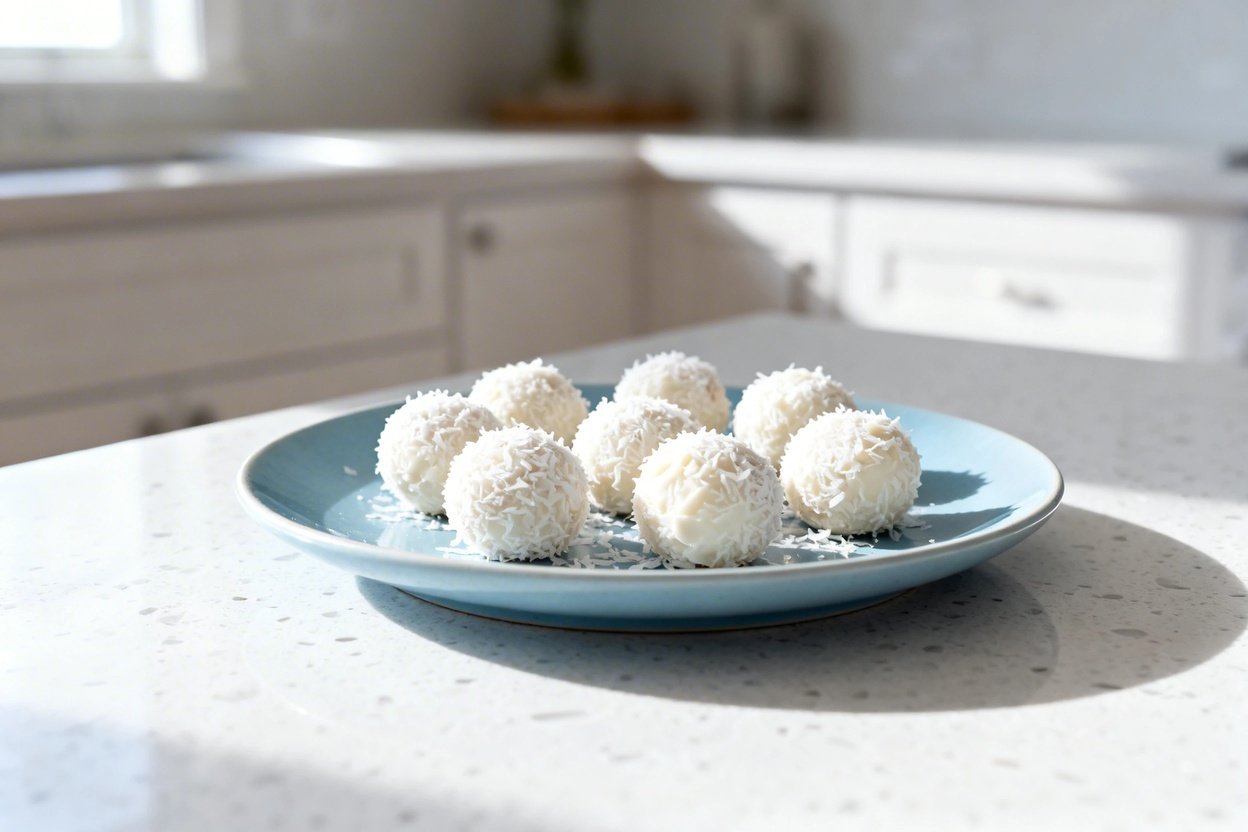bout 35 degrees) realistic food photograph of the exact same finished keto coconut fat bombs: the sa
