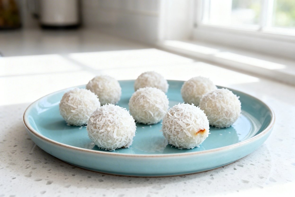 shot (about 40–45 degrees) of the same finished keto coconut fat bombs on the same light blue ceram