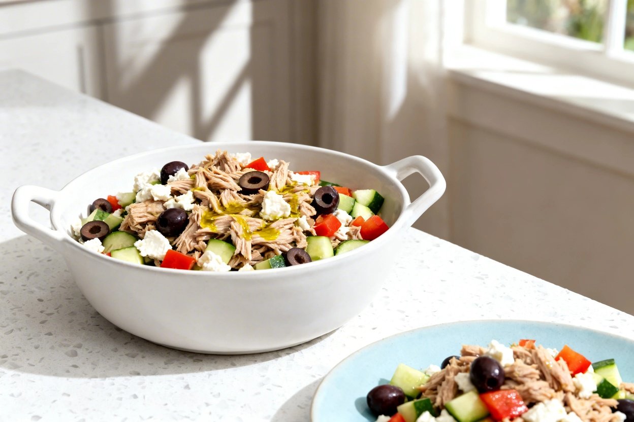 –40 degree perspective showing the exact same finished Mediterranean keto tuna salad (same chunky to