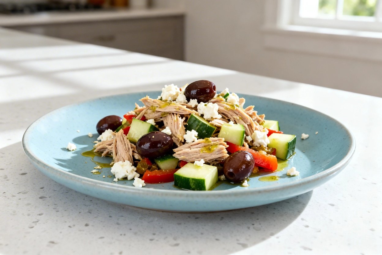 shot at approximately 30–45 degrees of the same single serving Mediterranean keto tuna salad plated