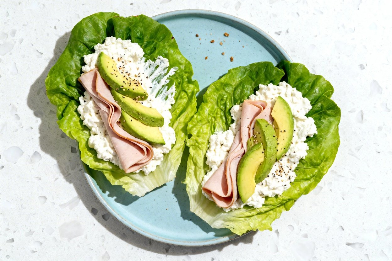 top-down food photo of the finished dish: two no-carb cottage cheese sandwich wraps made with large 