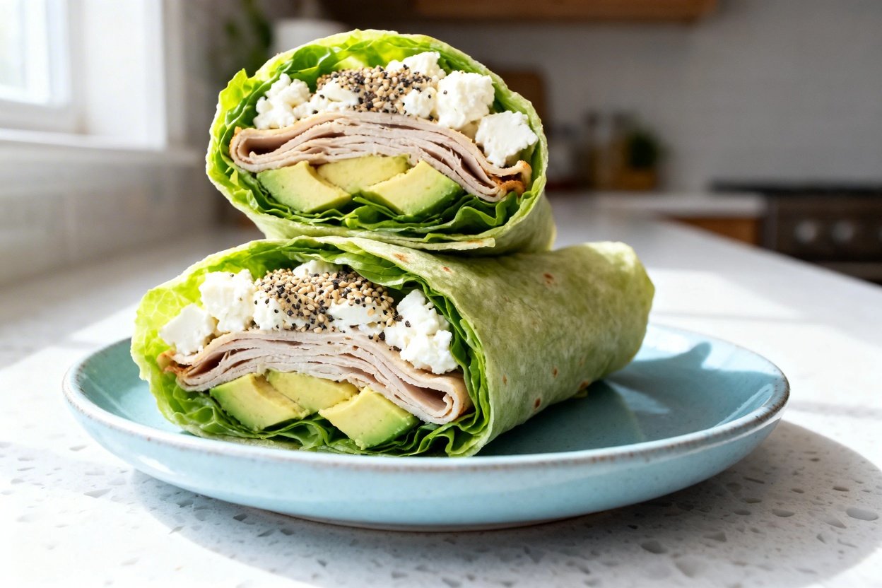  shot at ~30–45 degrees emphasizing texture of the identical finished dish: the same two lettuce wra