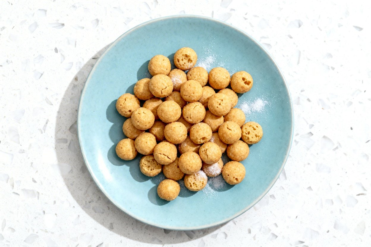 top-down food photo of the finished no-carb keto donut holes: a single serving of small, round donu