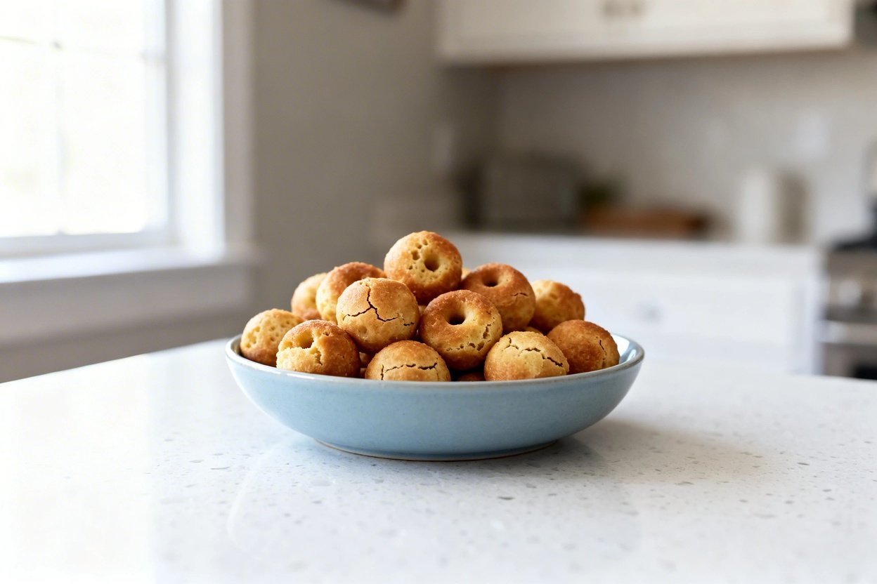 mera perspective (about 30–40 degrees) showing the exact same finished keto donut holes (same small 