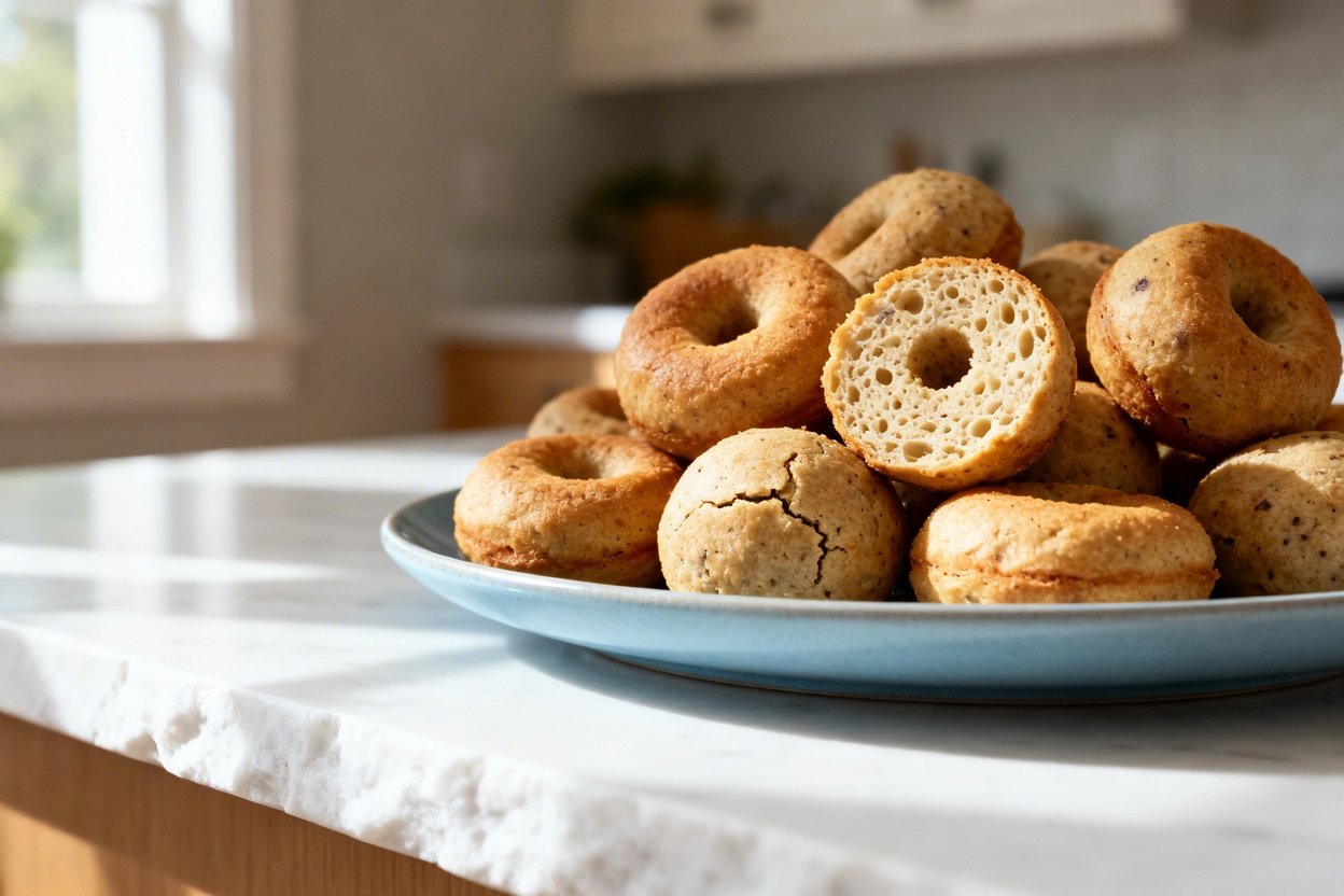  shot (about 30–45 degrees) of the same finished no-carb keto donut holes plated on the same style l