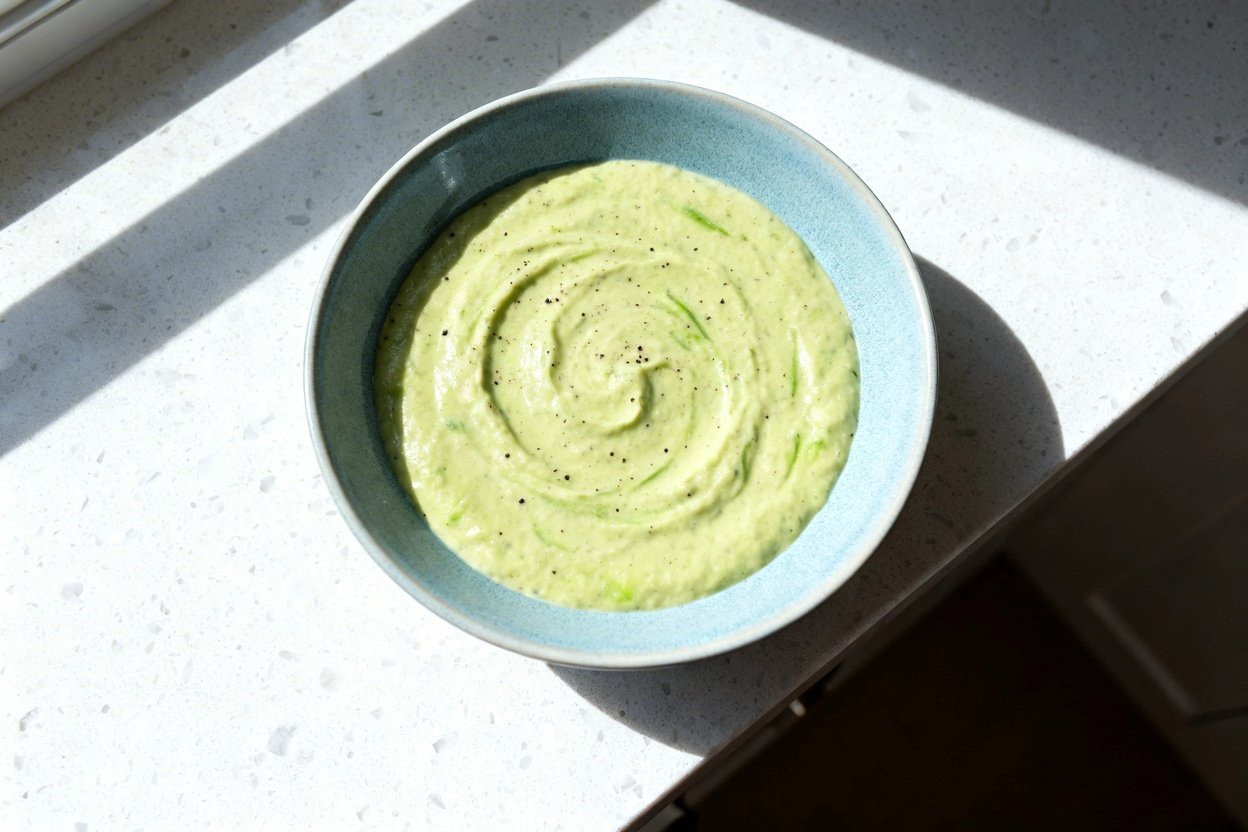 top-down food photo of a single serving bowl of Quick Keto Creamy Avocado Soup: a thick, silky pale-
