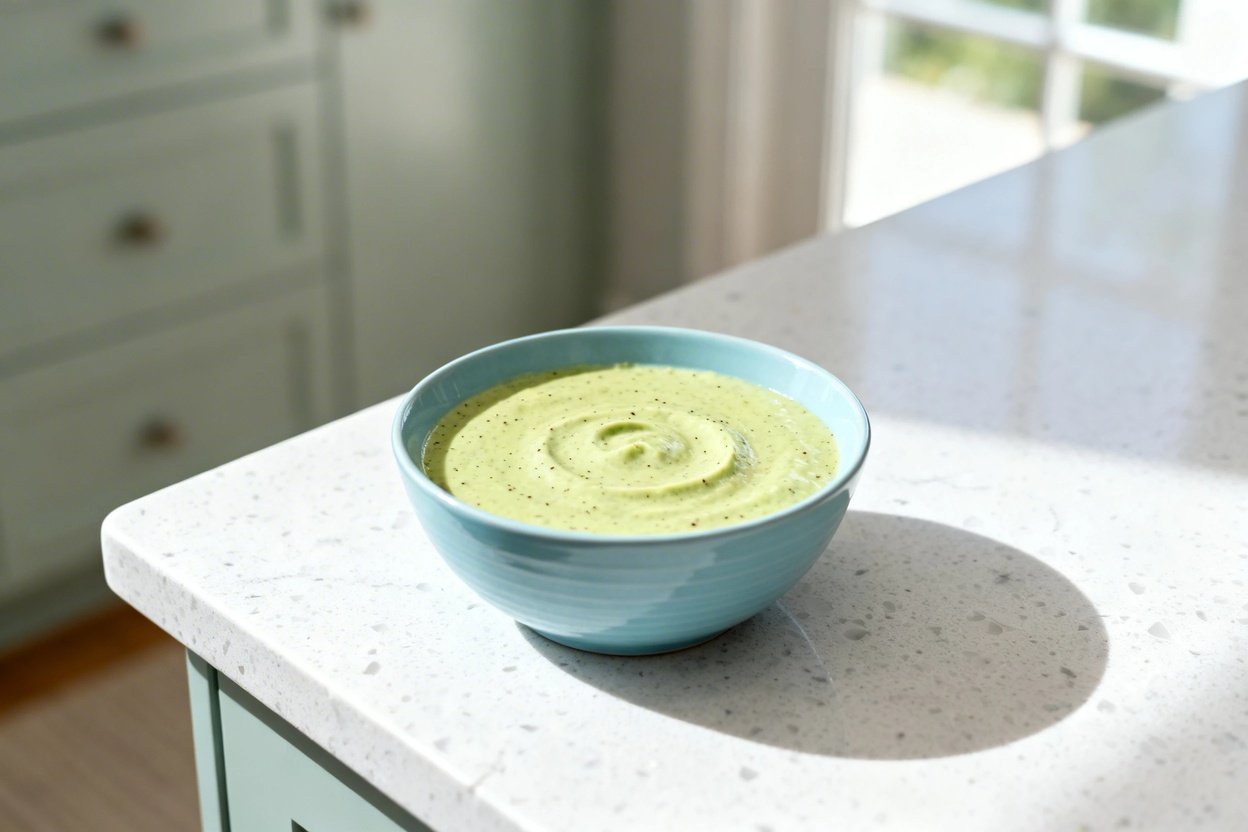 bout 35 degrees) realistic home-kitchen photo of the exact same finished Quick Keto Creamy Avocado S