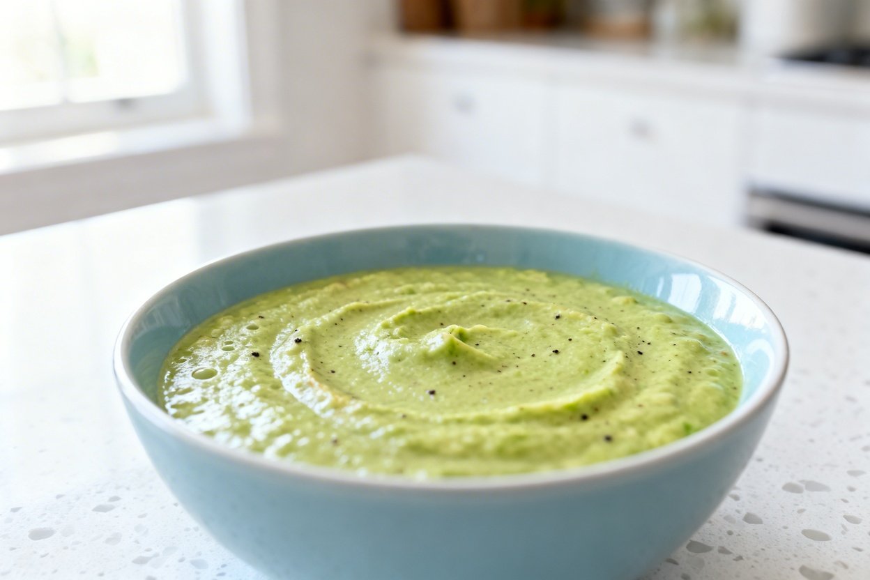  shot (about 40–45 degrees) of the same Quick Keto Creamy Avocado Soup, same light blue ceramic bowl