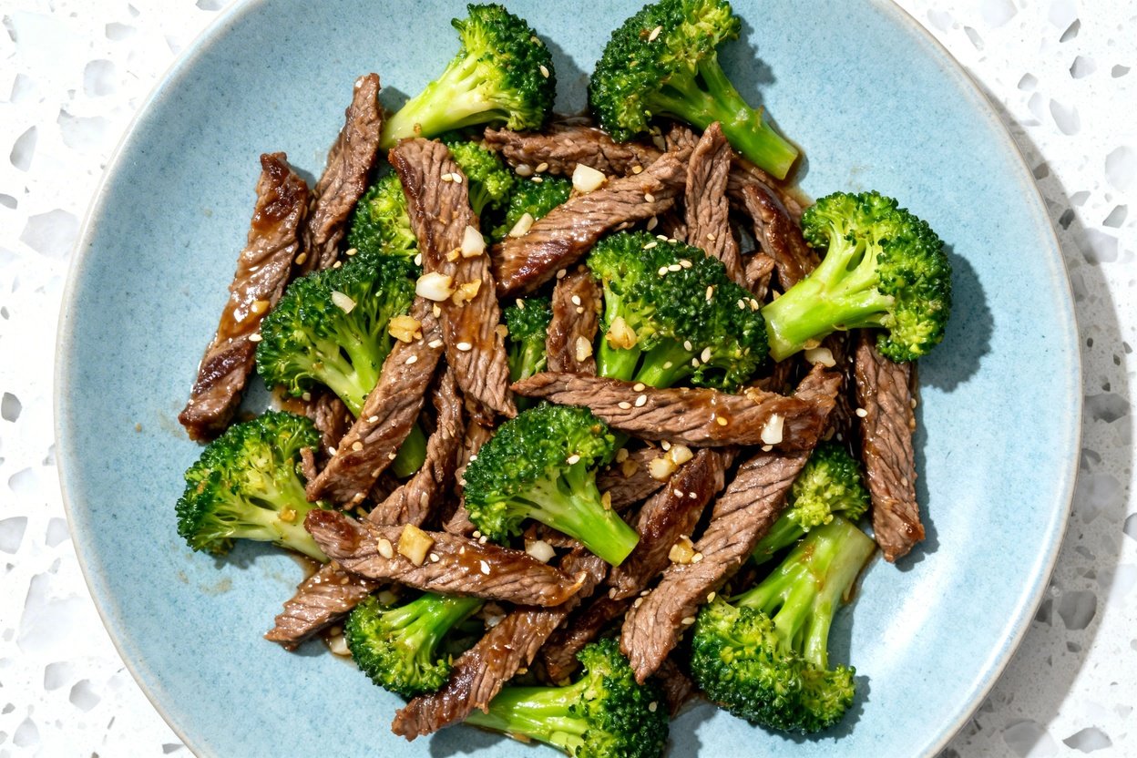top-down food photograph of a finished keto low carb beef and broccoli stir fry: thinly sliced seare